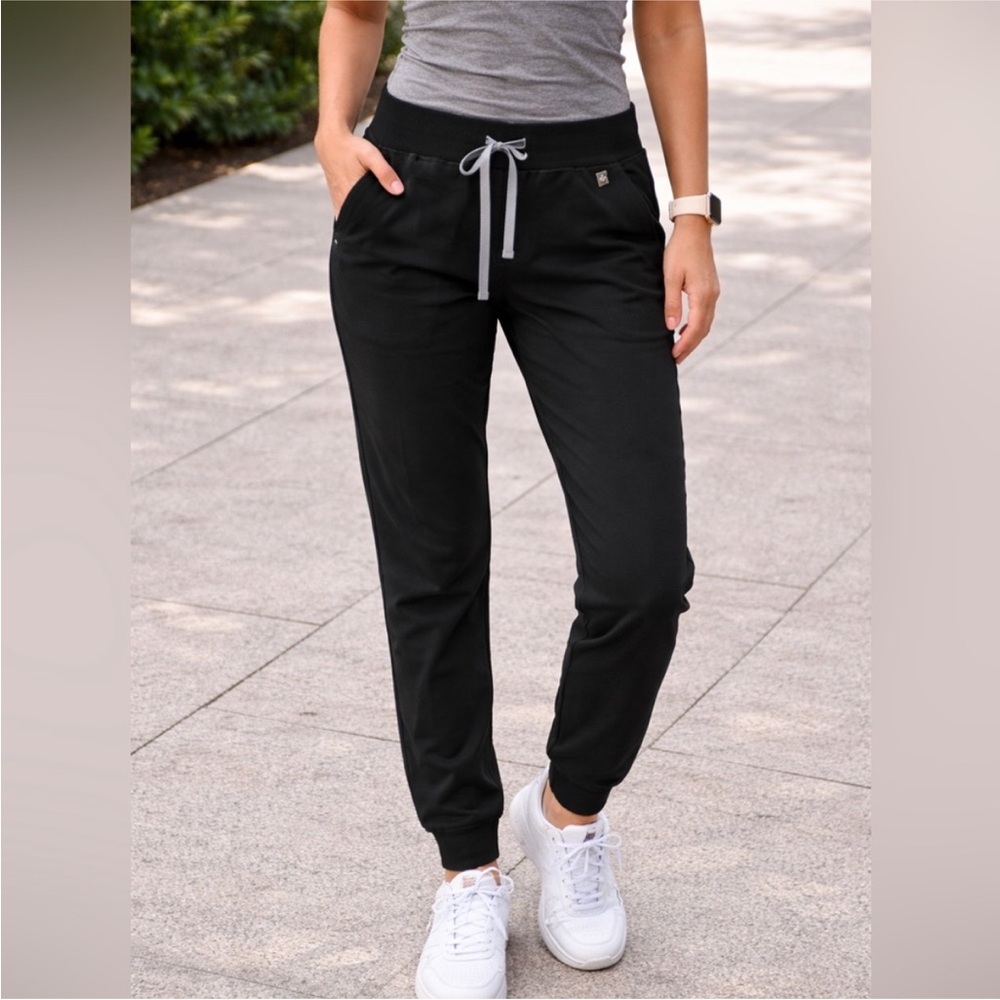 Figs Black Track Joggers with Gray Drawstring
